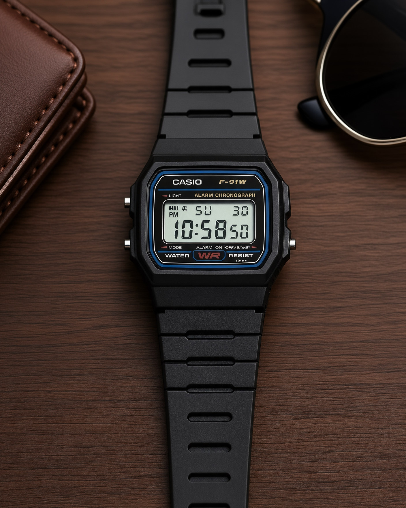 Casio F-91W-1YEF black resin digital watch lying on a walnut desk, next to a leather wallet and sunglasses