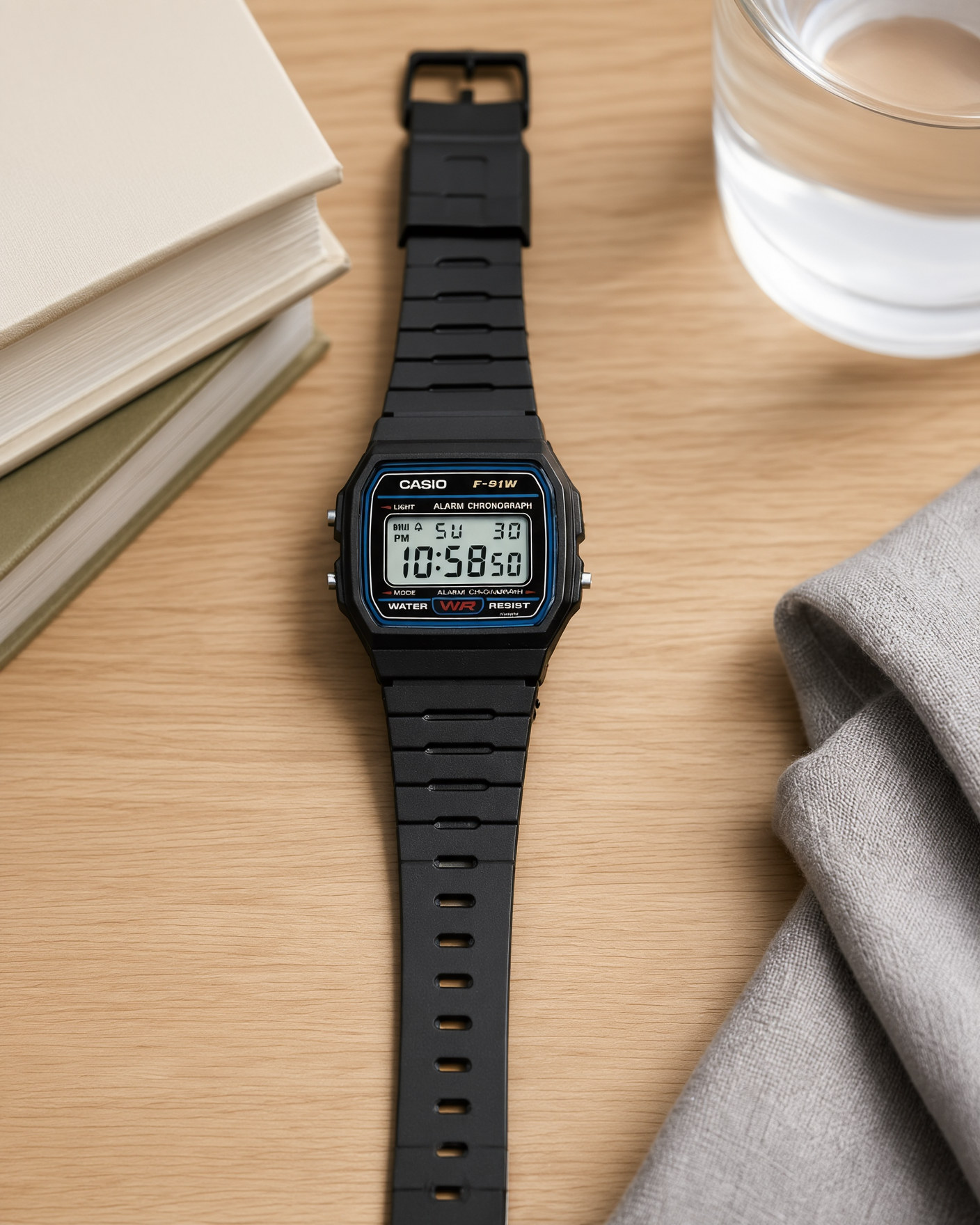 Casio F-91W-1YEF black resin digital watch lying on a light oak bedside table, next to books and a glass of water