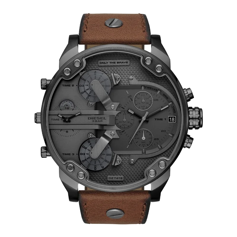 美品/電池新品 DIESEL Mr. Daddy 2.0 DZ-7411 (41 Diesel DZ7413 Mr Daddy 2.0 Brown Leather Black Dial | Montres Outlet