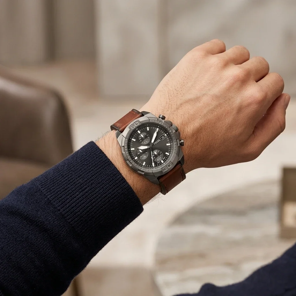 Fossil Bronson FS5855 Grey Dial Leather Men's Watch | Montres Outlet