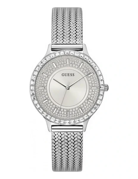 Montre Femme Guess Soiree GW0402L1 boîtier serti de cristaux bracelet maille milanaise acier argenté